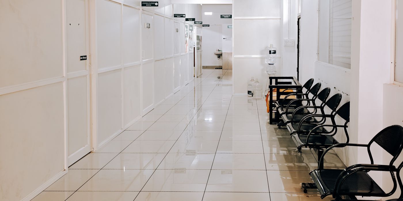 Modern hospital corridor with clean sterile environment and professional hygiene standards